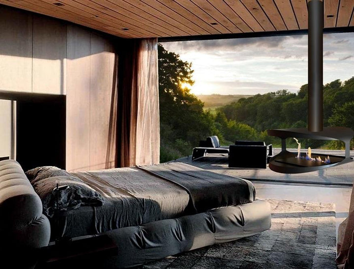 bioethanol-haengekamin-deckenmontage-hamma-premium-ethanolkamin-decke-mit-flammen-designerkamin-modernes-luxus-schlafzimmer-bett-fenster-panoramafront
